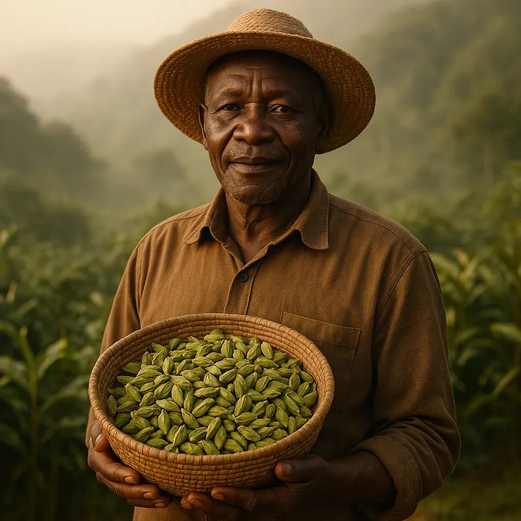 A Tanzanian cardamom grower cupping freshly picked green pods