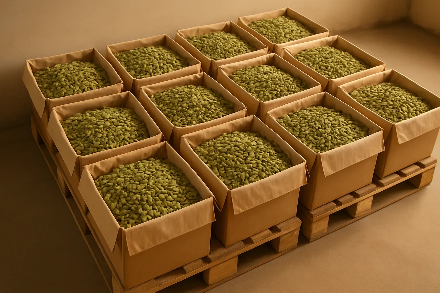 Bulk green cardamom pods prepared for shipment to a United States importer